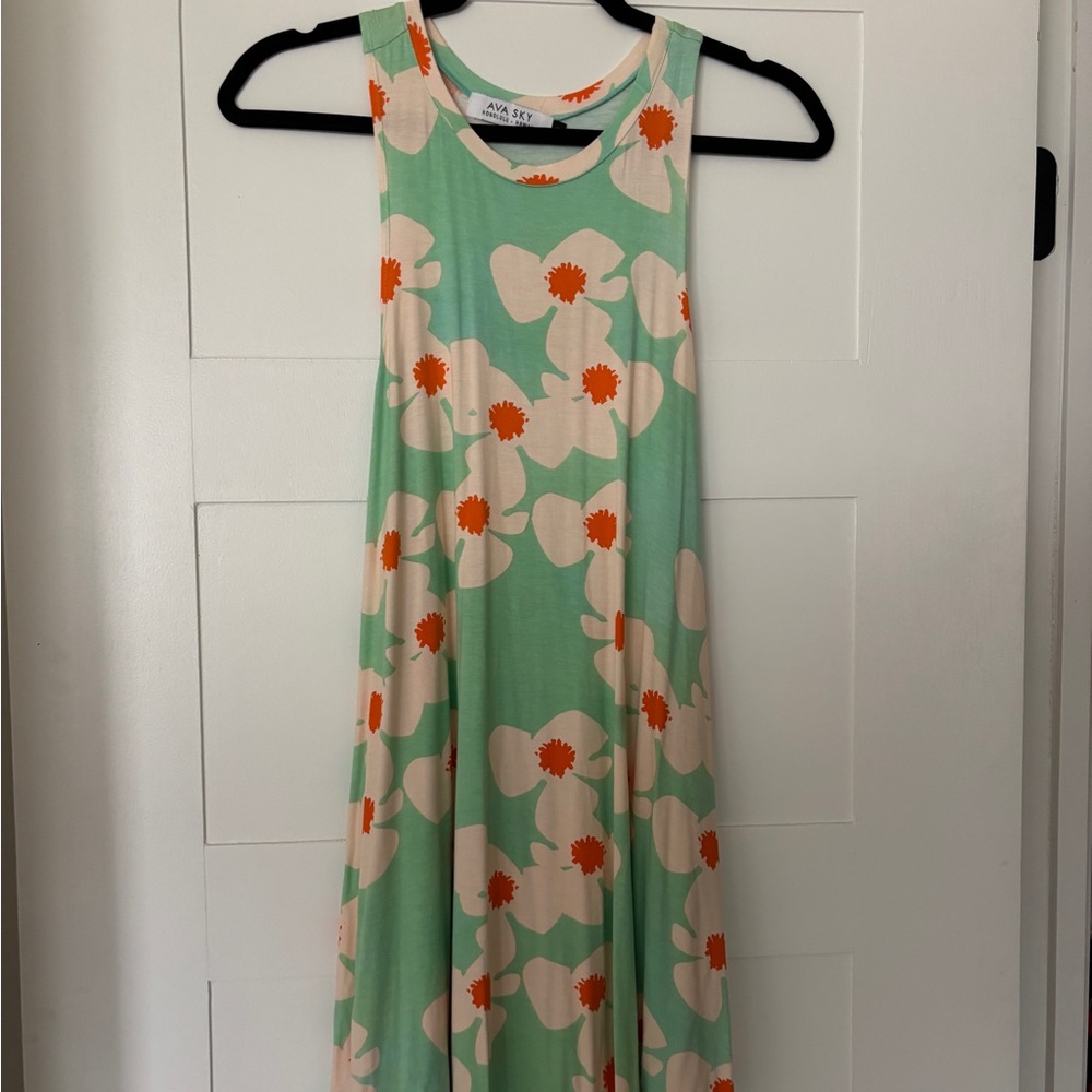 Ava Sky/Fighting Eel Deja Dress in Green Zinnia Pattern